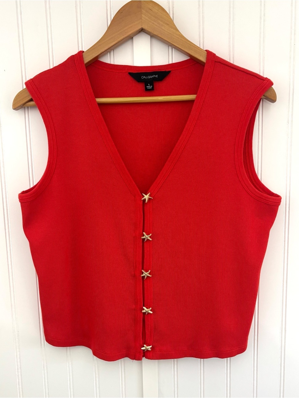 Calligraphie Red Ribbed Starfish Button Tank Top Coastal Size L Resortwear